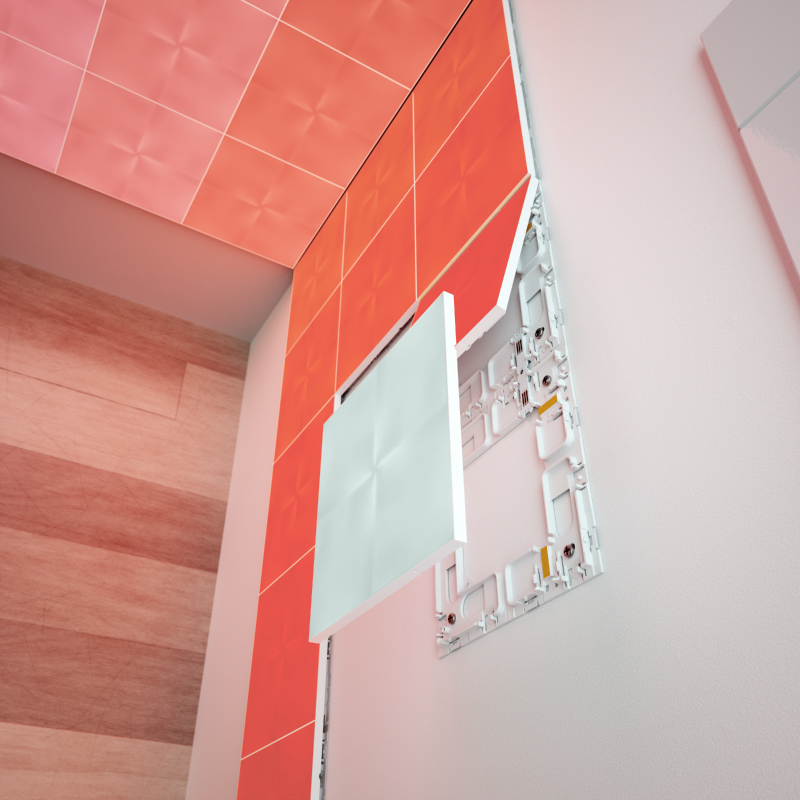 Nanoleaf Canvas color changing square smart modular light panels mounted to a wall using a screw mount kit. Similar to Philips Hue, Lifx. HomeKit, Google Assistant, Amazon Alexa, IFTTT.