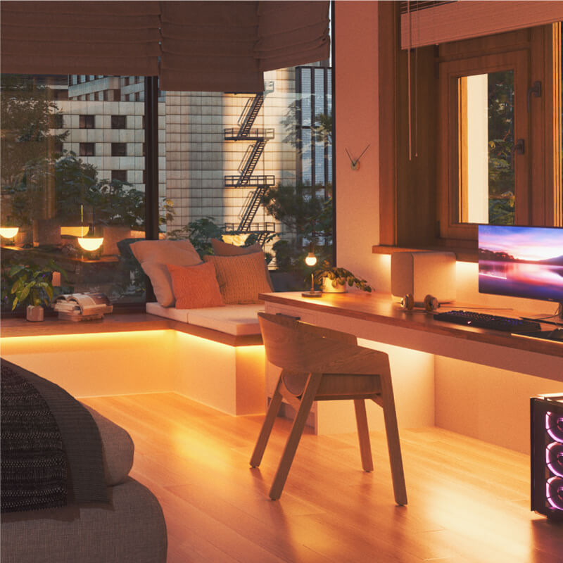 Nanoleaf Essentials Thread enabled color changing smart light strip mounted to a wall in a bedroom. Similar to Twinkly, Wyze. HomeKit, Google Assistant, Amazon Alexa, IFTTT.