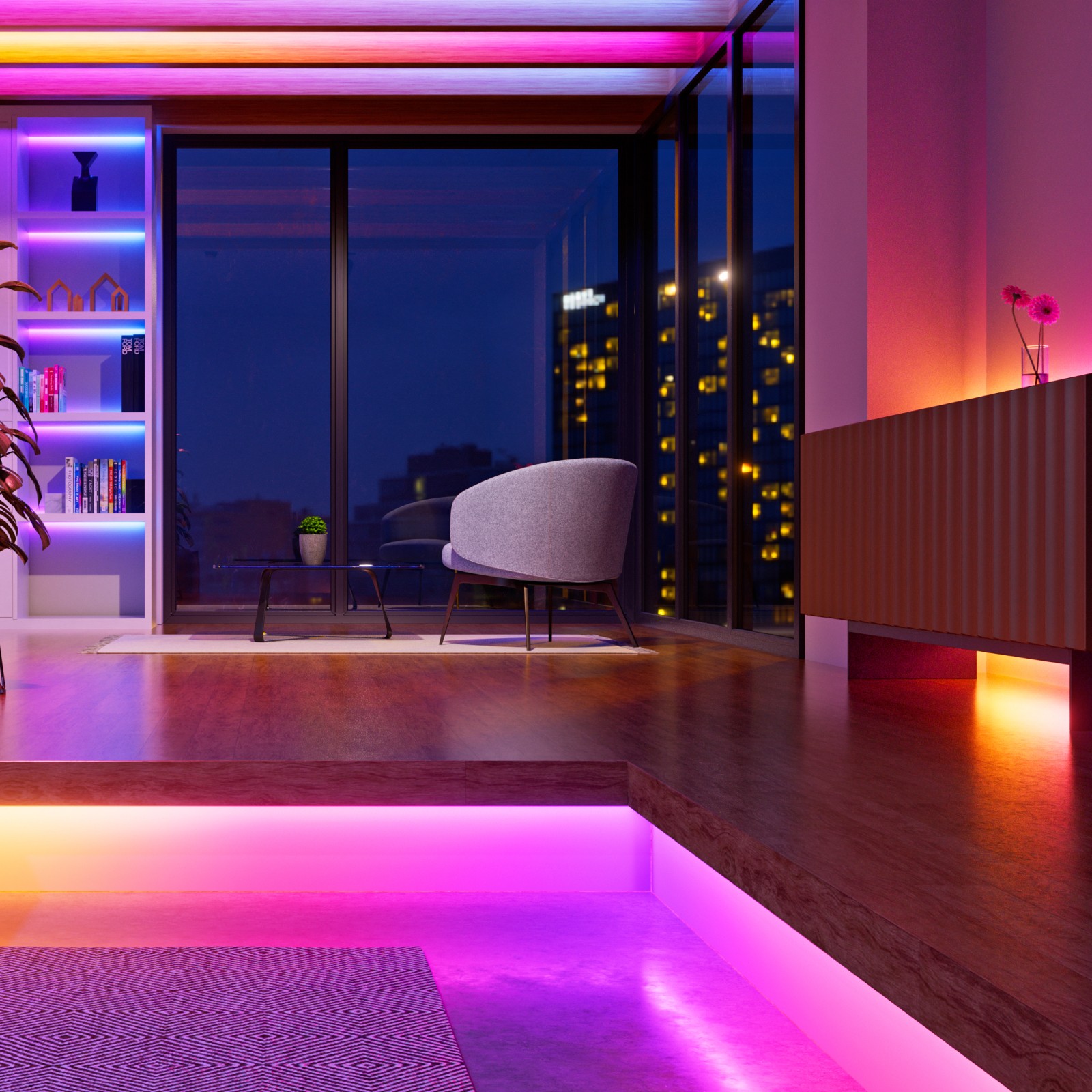 Close up of two warm white outdoor string lights LED bulbs hanging from a wooden patio. Wooden fence with flower vines in the background, and additional string lights hanging in the surroundings.