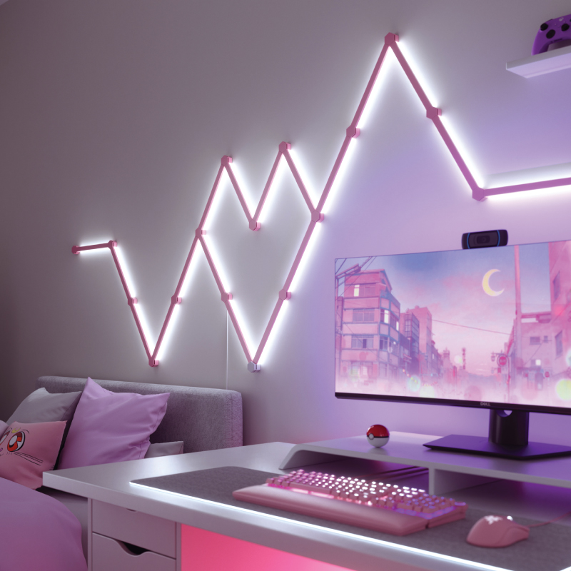 Nanoleaf Lines Thread enabled color changing smart modular backlit light lines matte pink skins. HomeKit, Google Assistant, Amazon Alexa, IFTTT.
