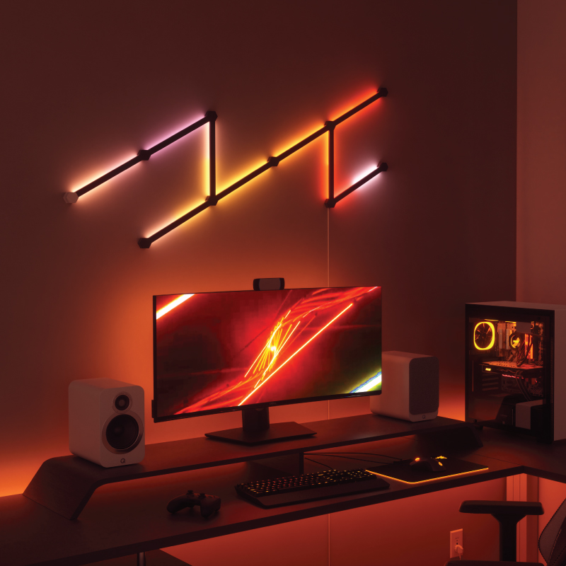 Nanoleaf Lines Thread enabled color changing smart modular backlit light lines matte black skins. HomeKit, Google Assistant, Amazon Alexa, IFTTT.