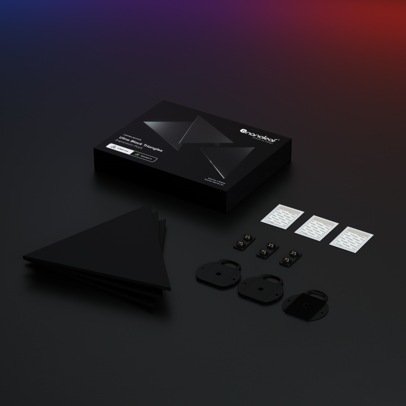 Nanoleaf Shapes Thread enabled color changing black triangle smart modular light panels. 3 pack expansion. Similar to Philips Hue, Lifx. HomeKit, Google Assistant, Amazon Alexa, IFTTT.