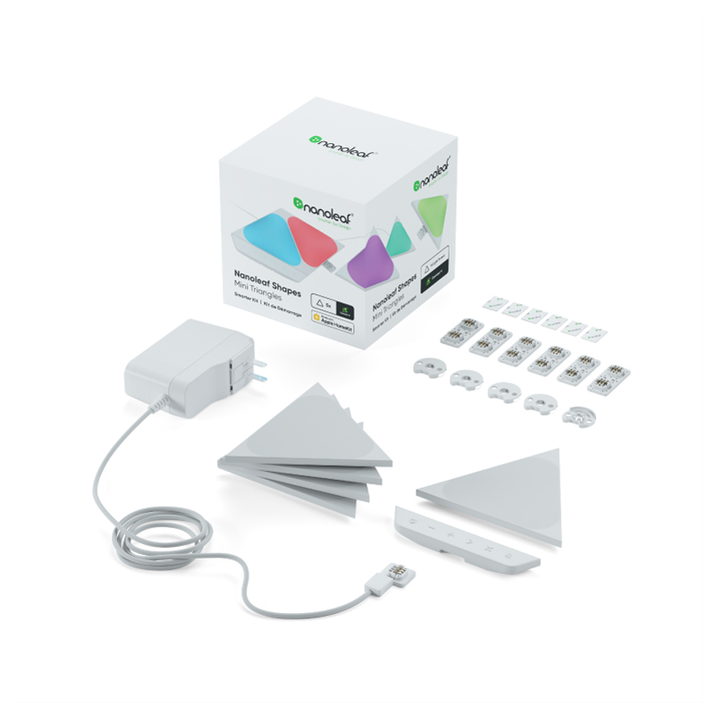 Nanoleaf Shapes Thread enabled color changing mini triangle smart modular light panels. 5 pack. Has expansion packs and flex linker accessories. Similar to Philips Hue, Lifx. HomeKit, Google Assistant, Amazon Alexa, IFTTT.