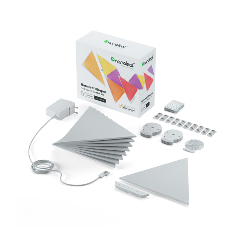 Nanoleaf Shapes Thread enabled color changing triangle smart modular light panels. 9 pack. Has expansion packs and flex linker accessories. Similar to Philips Hue, Lifx. HomeKit, Google Assistant, Amazon Alexa, IFTTT.